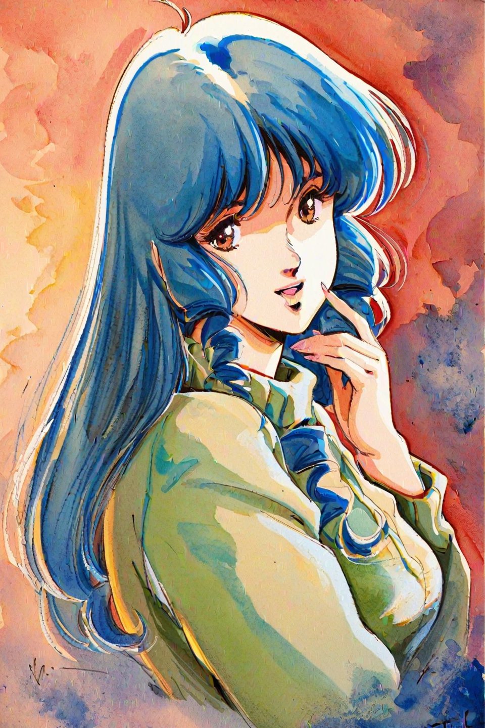 Lynn Minmay,1girl,solo,1980s (style),retro artstyle,long hair,blue hair,sweater,open mouth,brown eyes,light smile,drill hair,upper body,looking at viewer,traditional media,watercolor