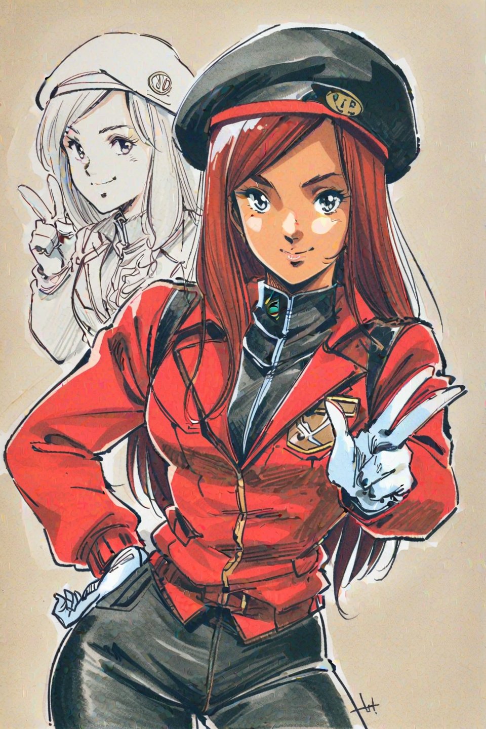 1girl,traditional media,hat,red hair,beret,dark skin,hand on hip,gloves,smile,long hair,pants,dark-skinned female,marker (medium),red jacket,white gloves,jacket,uniform,pen,looking at viewer,v,partially colored,pencil,sketch,black headwear,,