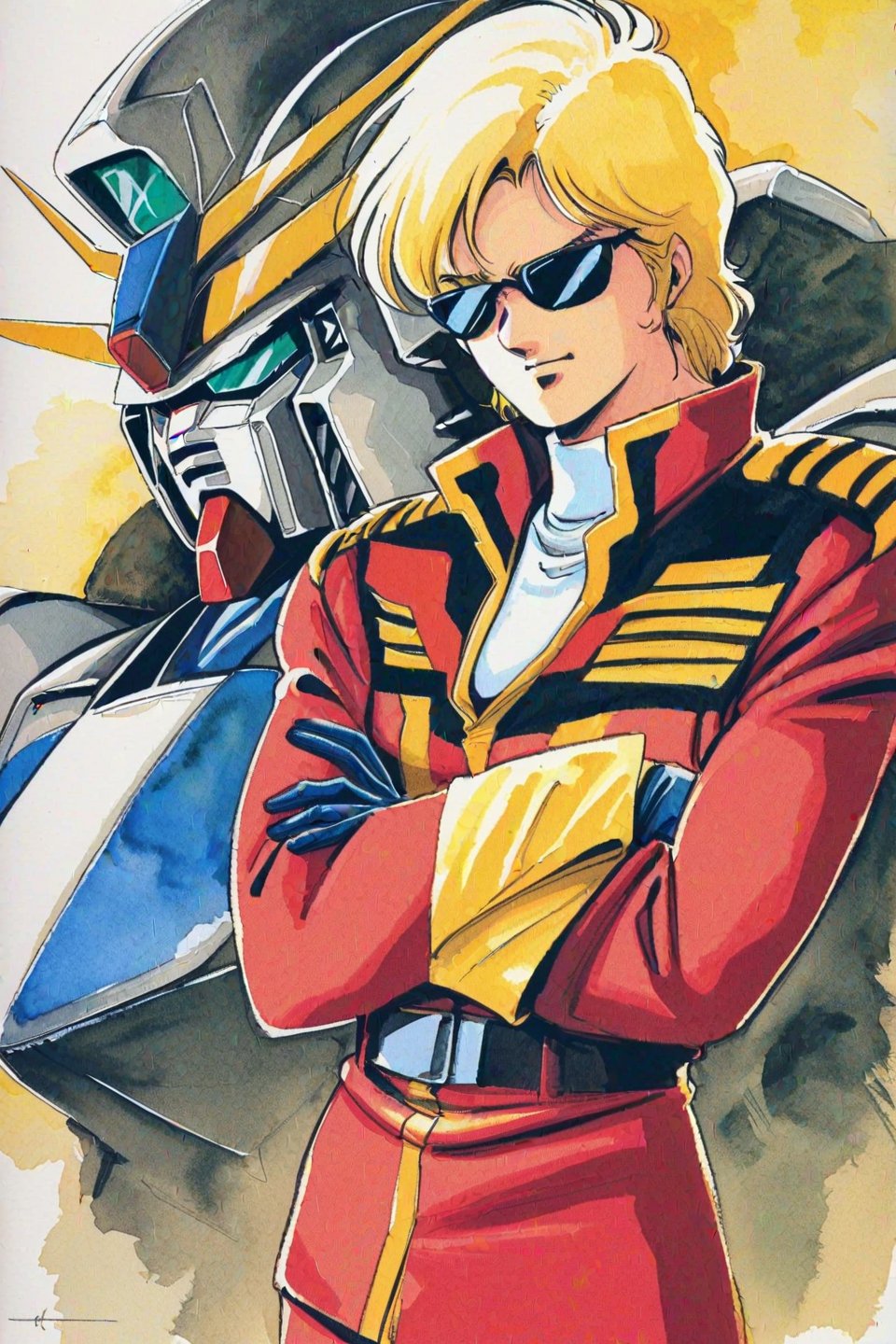 1boy,mecha,blonde hair,robot,male focus,uniform,gundam,gloves,sunglasses,military,crossed arms,military uniform,belt,white background,red pants,solo,retro artstyle,1980s style,traditional media,watercolor