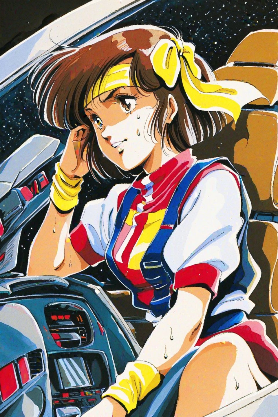 Noriko Takaya,1girl,headband,solo,short hair,retro artstyle,sweat,cockpit,1980s style,brown hair,yellow wristband,robot,short sleeves,mecha,traditional media,watercolor