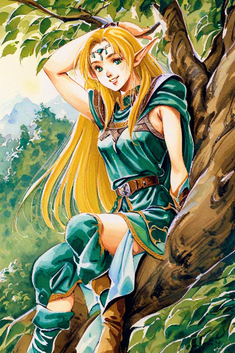 1girl, pointy ears, solo, long hair, elf, armor, tree, sitting, blonde hair, cape, boots, green eyes, circlet, in tree, 1990s style, armpits, smile, traditional media, watercolor 