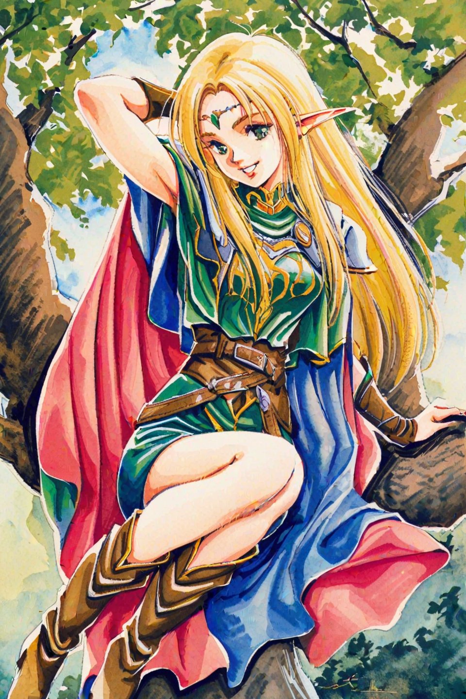 1girl, pointy ears, solo, long hair, elf, armor, tree, sitting, blonde hair, cape, boots, green eyes, circlet, in tree, 1990s style, armpits, smile, traditional media, watercolor 