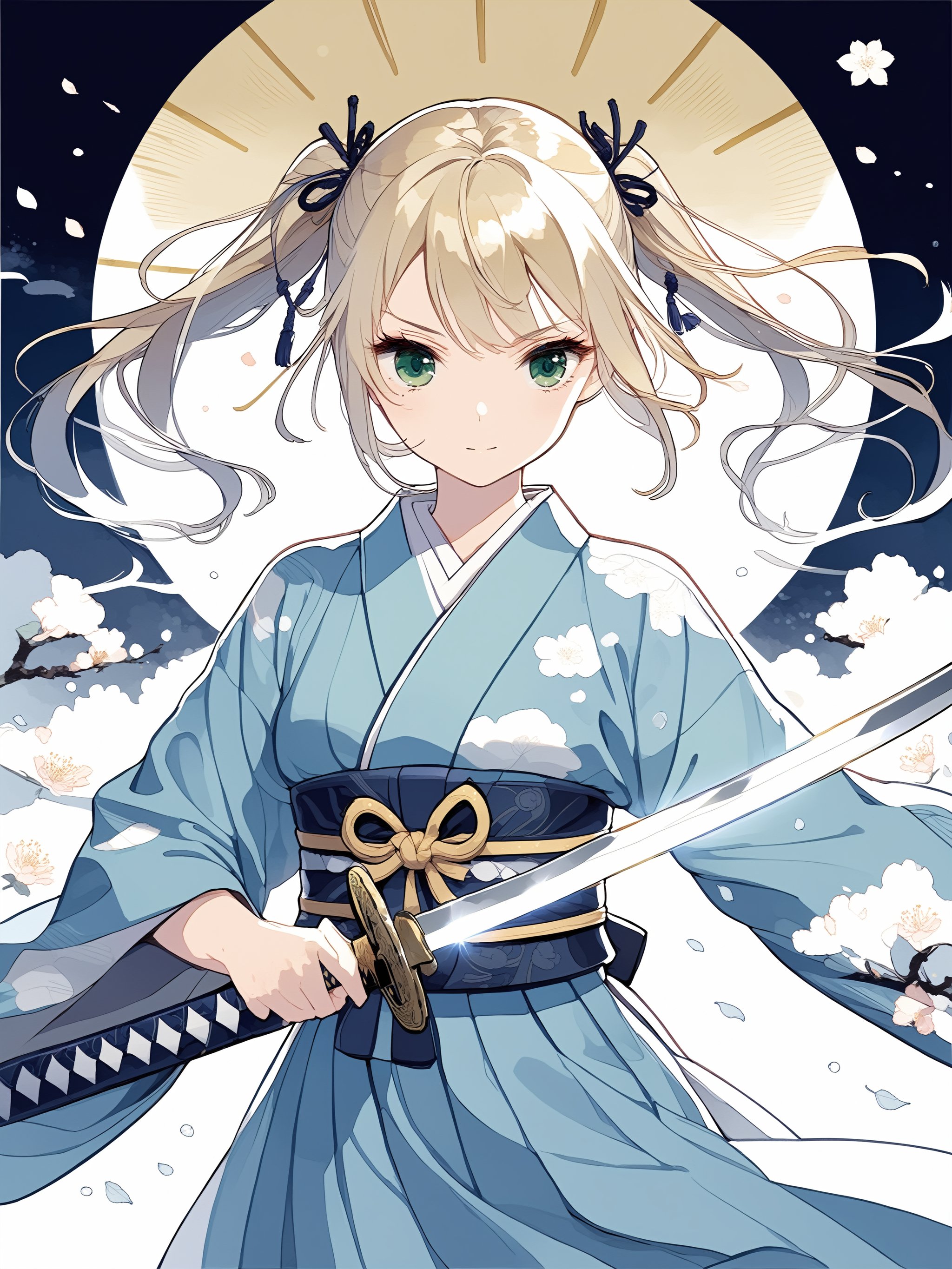 Illustration of a girl holding a Japanese sword in Japanese anime style.
The girl is holding a Japanese sword.
The girl is wearing a beautiful blue kimono.
The girl has beautifule blonde hair in twin-tails.
The girl has beautiful green eyes.
The blade of the sword is shining silver.
Her kimono has a beautiful traditional Japanese pattern.
This is a super detailed illustration!
masterpiece, top quality, aesthetic,Samurai_Girl