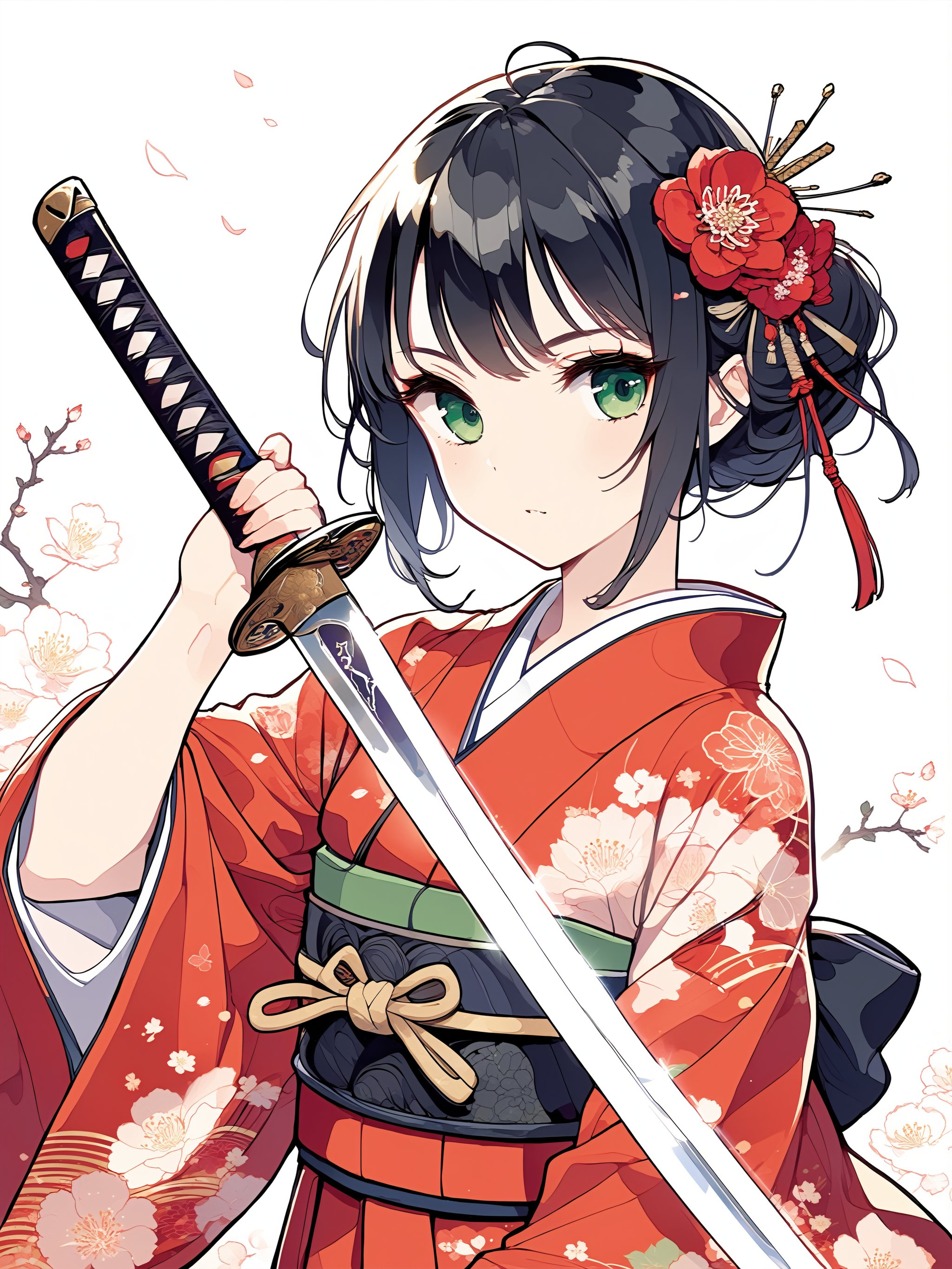 Illustration of a girl holding a Japanese sword in Japanese anime style.
The girl is carrying a Japanese sword on her shoulder.
The girl is wearing a beautiful red kimono.
She has long black hair and a flower hair ornament.
The girl has beautiful green eyes.
The blade of the sword is shining silver.
Her kimono is decorated with a flower pattern.
This is a super detailed illustration!
masterpiece, top quality, aesthetic,Samurai_Girl