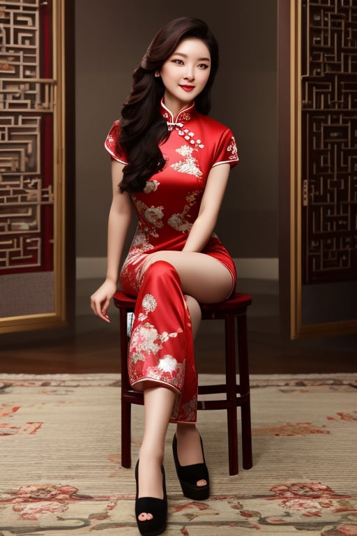 8k ultra high resolution, girl, wearing red vintage print Cheongsam Collar Goth Thigh-high Slit long Qipao, wavy hair, slim long hour-glass body shape, (RAW photo, best quality), photorealistic, sitting on her legs, over an elegant persian carpet full_body, (soft lighting), close view, DD_v1,photorealistic,realistic,nodf_lora,Mecha body,tranzp