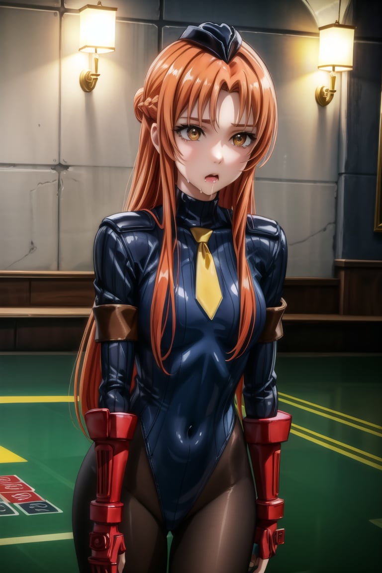 anime, hdr, soft light, ((best quality)), ((masterpiece)), (detailed), 1girl, solo, orange hair, red hair, asuna yuuki, long hair, brown hair, brown eyes, casino, empty eyes, drooling, ((black leotard)), yellow necktie, pantyhose, shoulder pads, (shadaloo doll), (long_sleeves),((Slouching, learning forward))