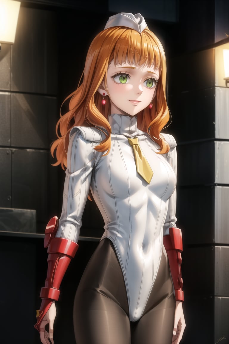 anime, hdr, soft light, ((best quality)), ((masterpiece)), (detailed), 1girl, solo, orange hair, red hair, mimosa vermillion, :), smile, closed mouth, green eyes, red earring, casino, blue bodysuit, pantyhose, shoulder pads, (shadaloo doll),  playing cards, ,