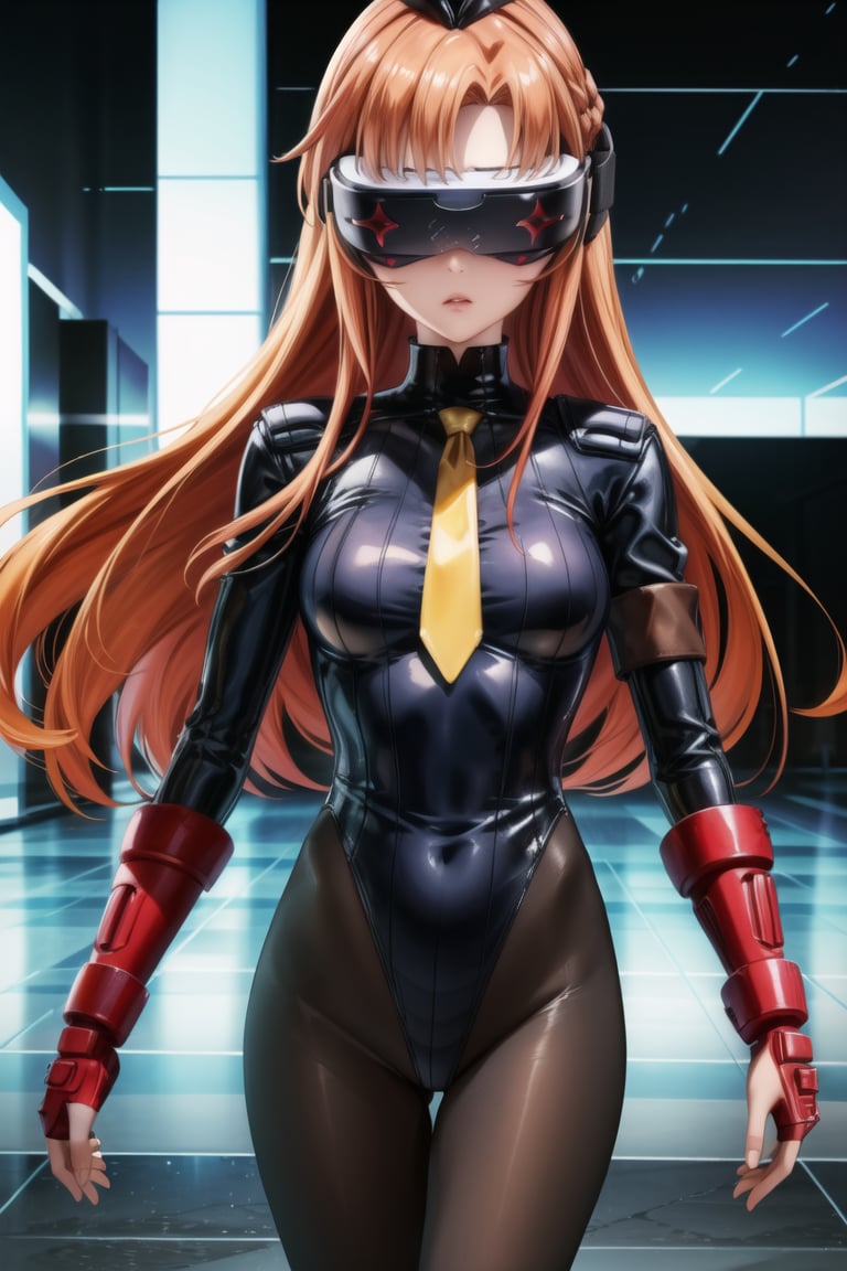 anime, hdr, soft light, ((best quality)), ((masterpiece)), (detailed), 1girl, solo, orange hair, red hair, asuna yuuki, long hair, brown hair, head-mounted display, science fiction, cyberpunk, (vr:1.3), casino, Standing,pov_eye_contact,((black leotard)), yellow necktie, pantyhose, shoulder pads, (shadaloo doll), (long_sleeves),