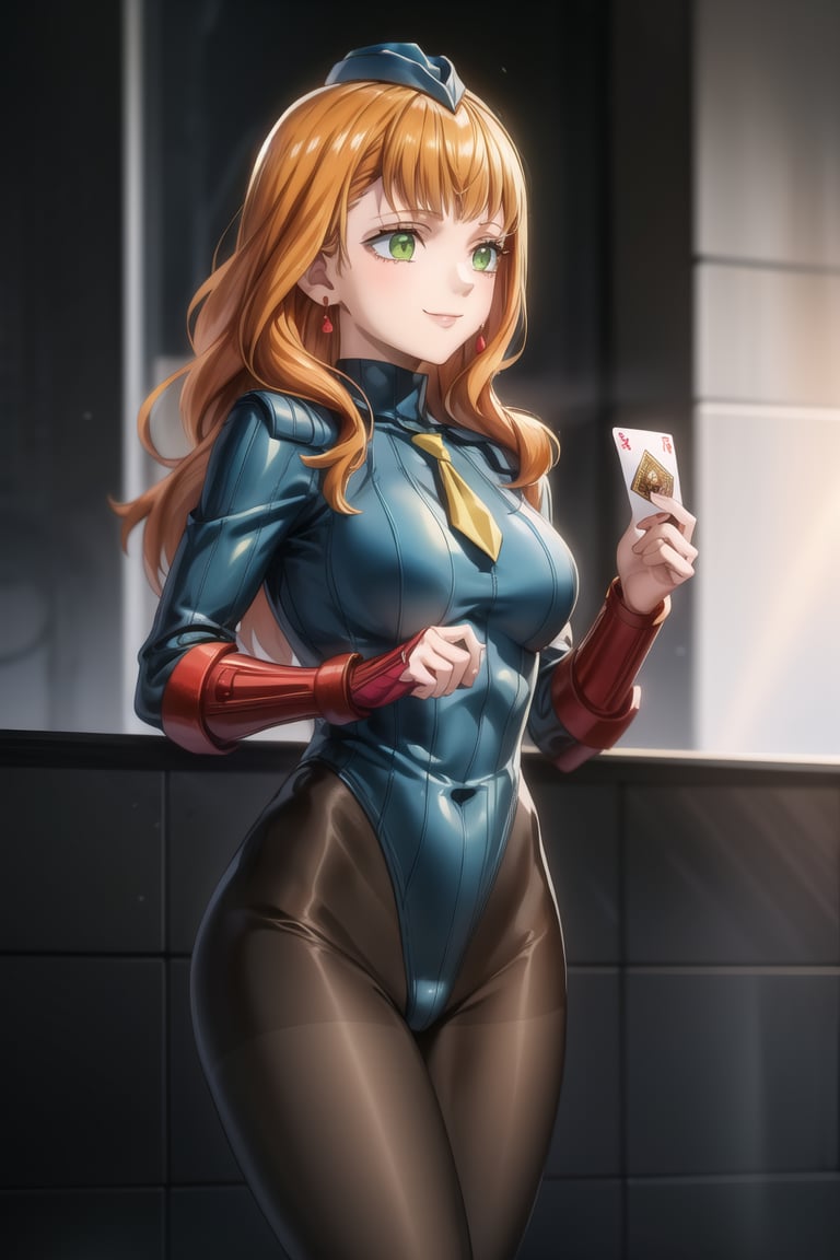 anime, hdr, soft light, ((best quality)), ((masterpiece)), (detailed), 1girl, solo, orange hair, red hair, mimosa vermillion, :), smile, closed mouth, green eyes, red earring, casino, blue bodysuit, pantyhose, shoulder pads, (shadaloo doll),  playing cards, ,