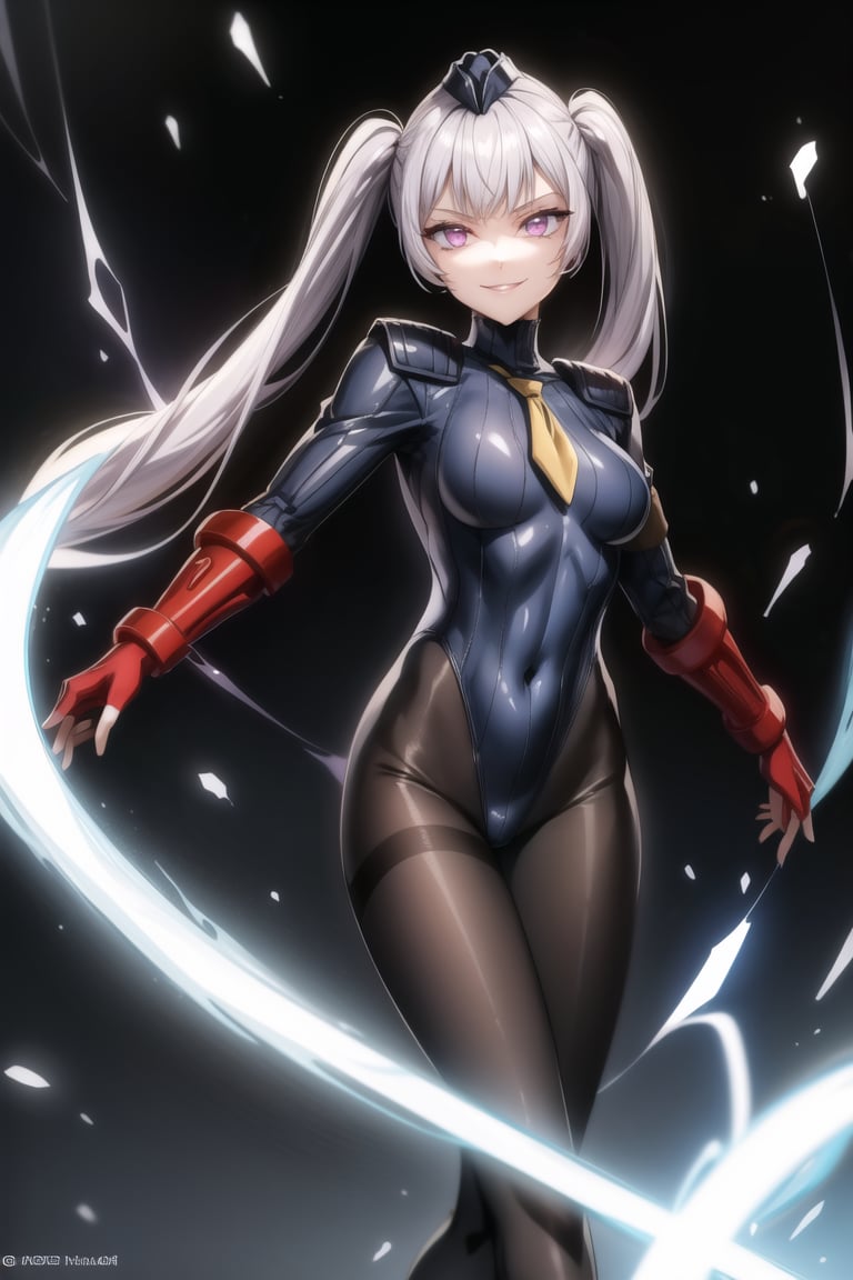 anime, hdr, soft light, ((best quality)), ((masterpiece)), (detailed), 1girl, solo, silver hair, noelle_silva, purple eyes, bangs, twintails,  blue bodysuit, pantyhose, shoulder pads, (shadaloo doll),  glowing, highleg, electricity,  aura, dark persona, empty eyes, ((evil smile)), posing, aura, dark persona, mind control