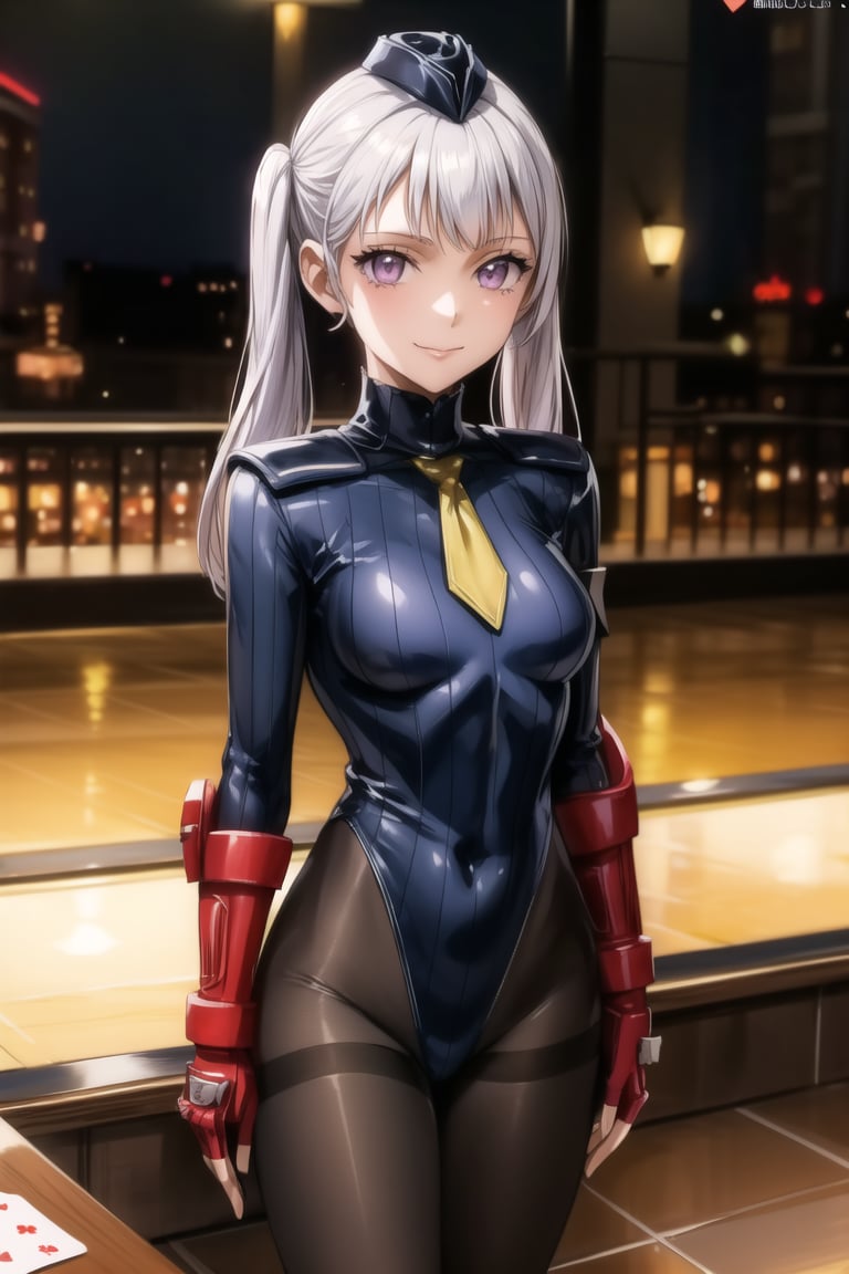 anime, hdr, soft light, ((best quality)), ((masterpiece)), (detailed), 1girl, solo, silver hair, noelle_silva, :), smile, closed mouth, purple eyes, bangs, twintails, casino, blue bodysuit, pantyhose, shoulder pads, (shadaloo doll),  playing cards, 