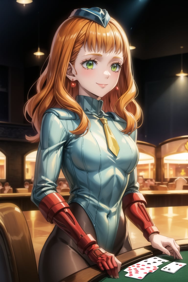 anime, hdr, soft light, ((best quality)), ((masterpiece)), (detailed), 1girl, solo, orange hair, red hair, mimosa vermillion, :), smile, closed mouth, green eyes, red earring, casino, blue bodysuit, blue leotard, pantyhose, shoulder pads, (shadaloo doll),  playing cards, ,