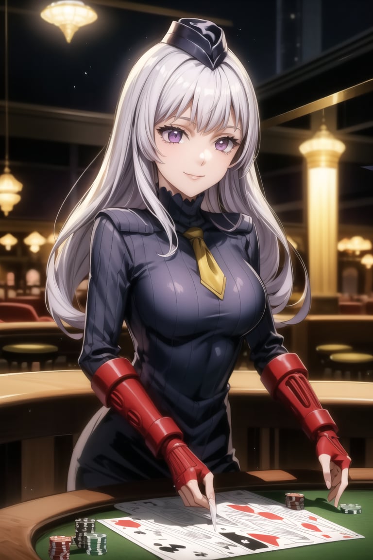 anime, hdr, soft light, ((best quality)), ((masterpiece)), (detailed), 1girl, solo, silver hair, noelle_silva, :), smile, closed mouth, purple eyes, bangs, long hair, casino, shadaloo doll,  playing cards, 