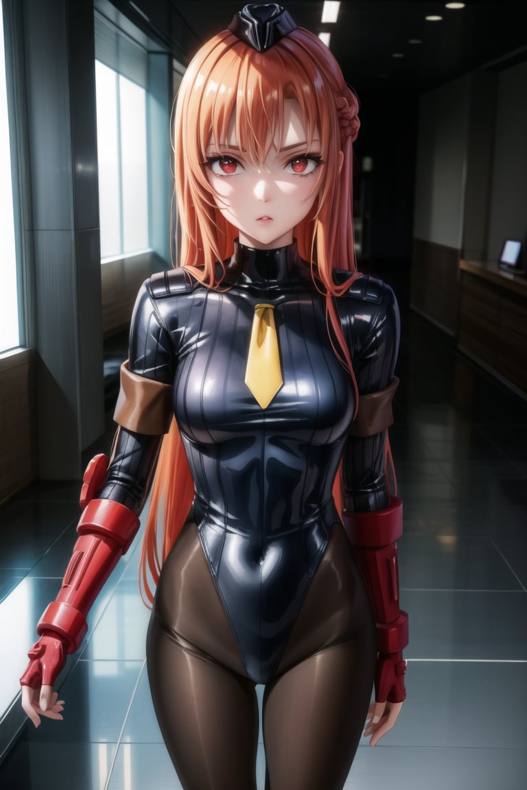 anime, hdr, soft light, ((best quality)), ((masterpiece)), (detailed), 1girl, solo, orange hair, red hair, asuna yuuki, long hair, brown hair, head-mounted display, science fiction, cyberpunk, (red eyes:1.3), casino, Standing,pov_eye_contact,((black leotard)), yellow necktie, pantyhose, shoulder pads, (shadaloo doll), (long_sleeves),