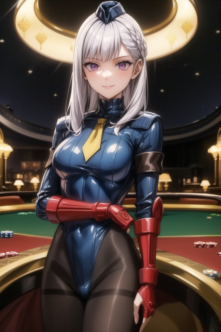 anime, hdr, soft light, ((best quality)), ((masterpiece)), (detailed), 1girl, solo, silver hair, noelle_silva, :), smile, closed mouth, purple eyes, bangs, long hair, casino, blue bodysuit, pantyhose, shoulder pads, (shadaloo doll),  playing cards, 