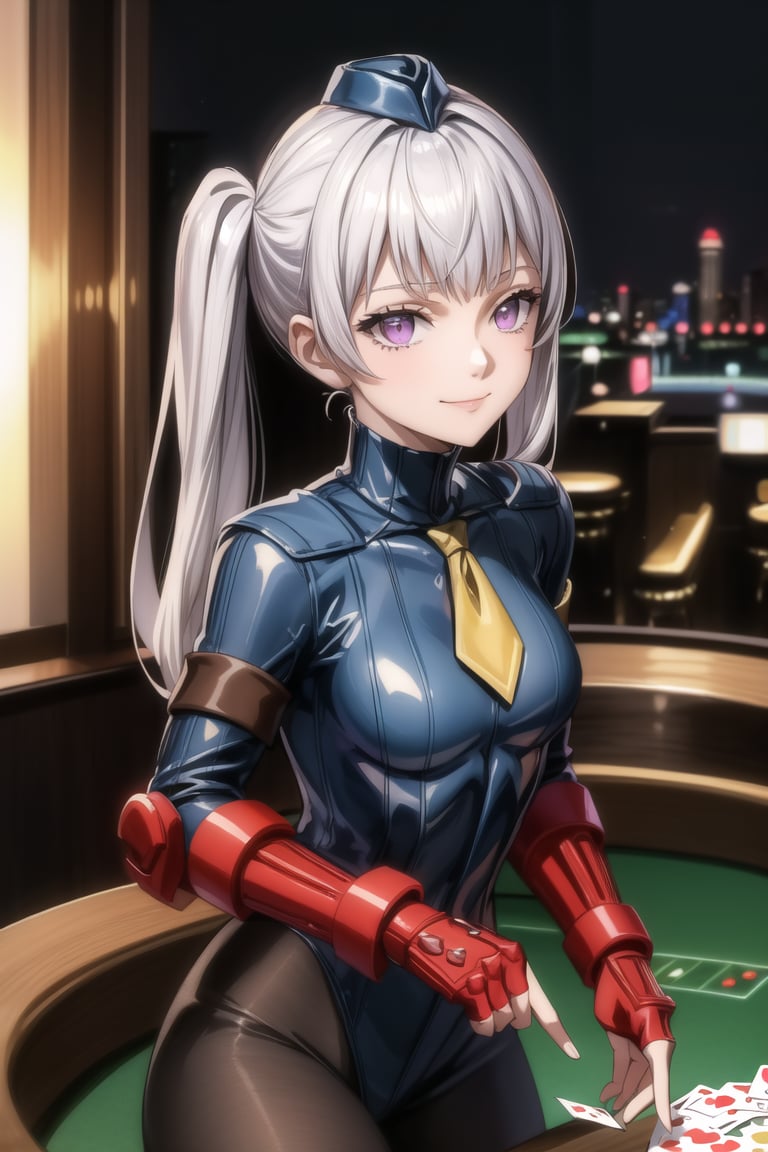 anime, hdr, soft light, ((best quality)), ((masterpiece)), (detailed), 1girl, solo, silver hair, noelle_silva, :), smile, closed mouth, purple eyes, bangs, twintails, casino, blue bodysuit, pantyhose, shoulder pads, (shadaloo doll),  playing cards, 