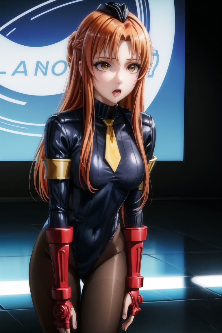 anime, hdr, soft light, ((best quality)), ((masterpiece)), (detailed), 1girl, solo, orange hair, red hair, asuna yuuki, long hair, brown hair, brown eyes, casino, empty eyes, drooling, ((black leotard)), yellow necktie, pantyhose, shoulder pads, (shadaloo doll), (long_sleeves),((Slouching, learning forward))