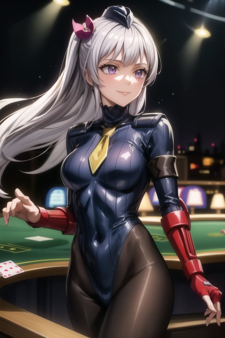 anime, hdr, soft light, ((best quality)), ((masterpiece)), (detailed), 1girl, solo, silver hair, noelle_silva, :), smile, closed mouth, purple eyes, bangs, long hair, casino, blue bodysuit, pantyhose, shoulder pads, (shadaloo doll),  playing cards, 