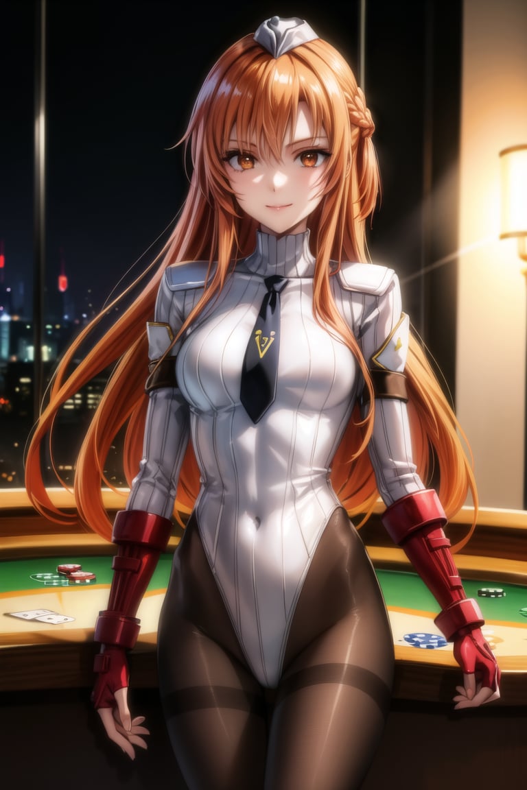 anime, hdr, soft light, ((best quality)), ((masterpiece)), (detailed), 1girl, solo, orange hair, red hair, asuna yuuki, long hair, brown hair, brown eyes, smile, closed mouth, casino,  ((black leotard)),yellow necktie, pantyhose, shoulder pads, (shadaloo doll),  playing cards, (long_sleeves)