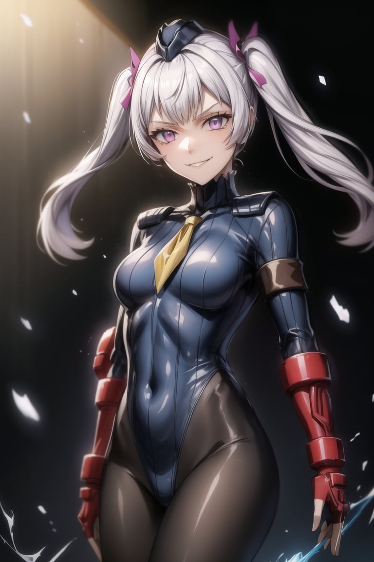 anime, hdr, soft light, ((best quality)), ((masterpiece)), (detailed), 1girl, solo, silver hair, noelle_silva, purple eyes, bangs, twintails,  blue bodysuit, pantyhose, shoulder pads, (shadaloo doll),  glowing, highleg, electricity,  aura, dark persona, empty eyes, ((evil smile)), posing, aura, dark persona, mind control