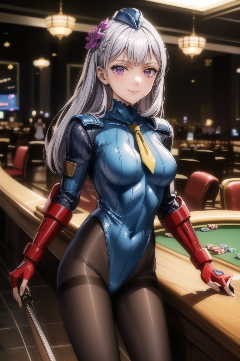 anime, hdr, soft light, ((best quality)), ((masterpiece)), (detailed), 1girl, solo, silver hair, noelle_silva, :), smile, closed mouth, purple eyes, bangs, long hair, casino, blue bodysuit, pantyhose, shoulder pads, (shadaloo doll),  playing cards, 