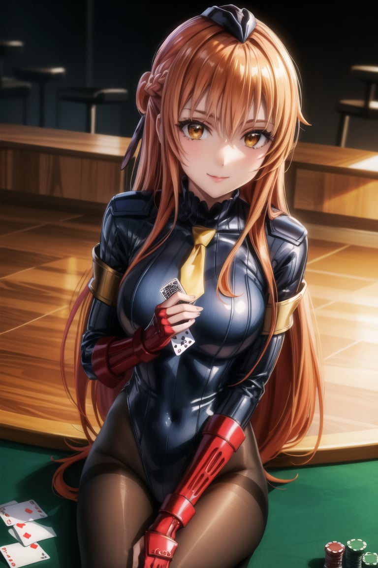 anime, hdr, soft light, ((best quality)), ((masterpiece)), (detailed), 1girl, solo, orange hair, red hair, asuna yuuki, long hair, brown hair, brown eyes, smile, closed mouth, casino,  ((black leotard)),yellow necktie, pantyhose, shoulder pads, (shadaloo doll),  playing cards, ,asuna yuuki