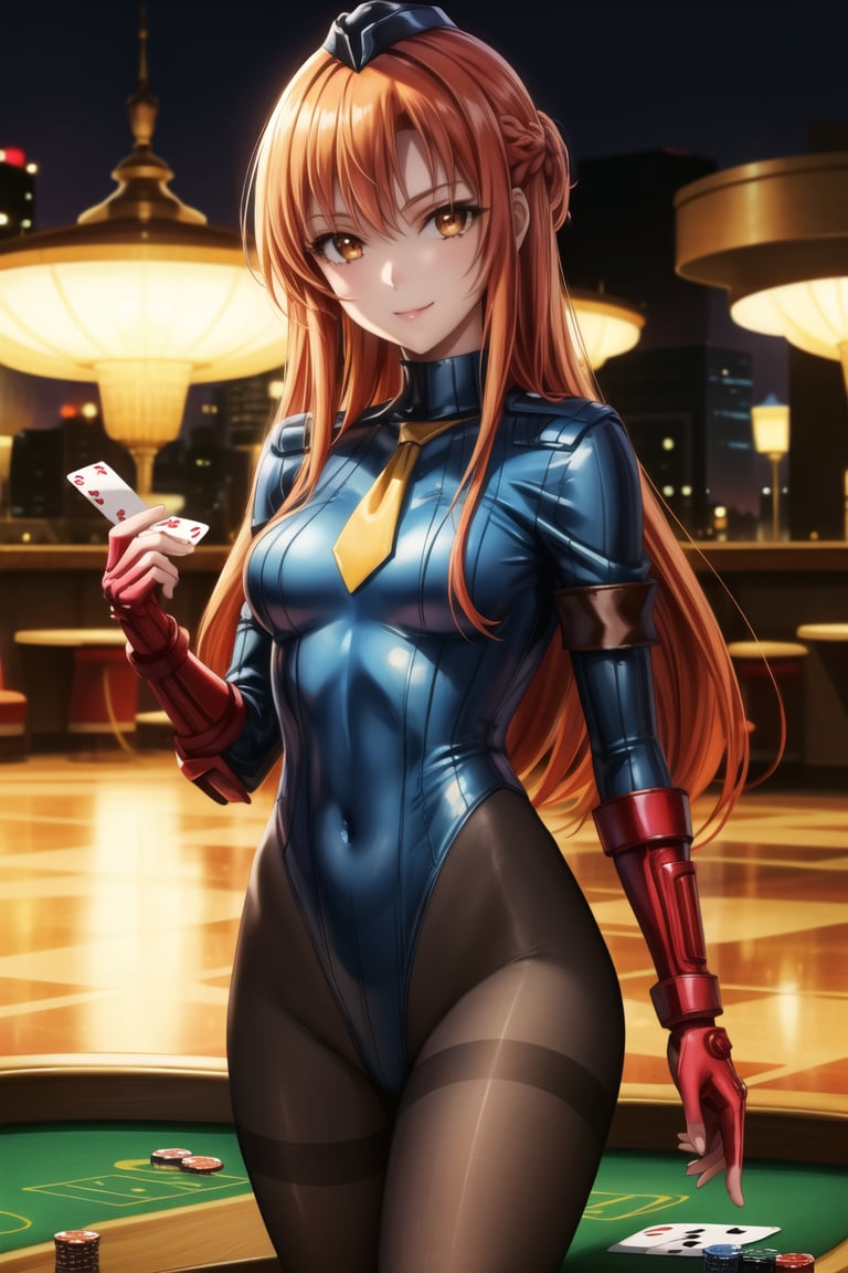 anime, hdr, soft light, ((best quality)), ((masterpiece)), (detailed), 1girl, solo, orange hair, red hair, asuna yuuki, long hair, brown hair, brown eyes, smile, closed mouth, casino,  ((black leotard)),yellow necktie, pantyhose, shoulder pads, (shadaloo doll),  playing cards, (long_sleeves)