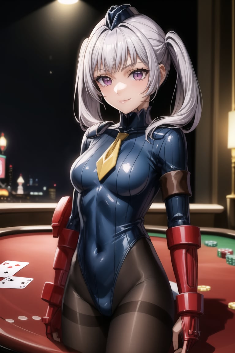 anime, hdr, soft light, ((best quality)), ((masterpiece)), (detailed), 1girl, solo, silver hair, noelle_silva, :), smile, closed mouth, purple eyes, bangs, twintails, casino, blue bodysuit, pantyhose, shoulder pads, (shadaloo doll),  playing cards, 