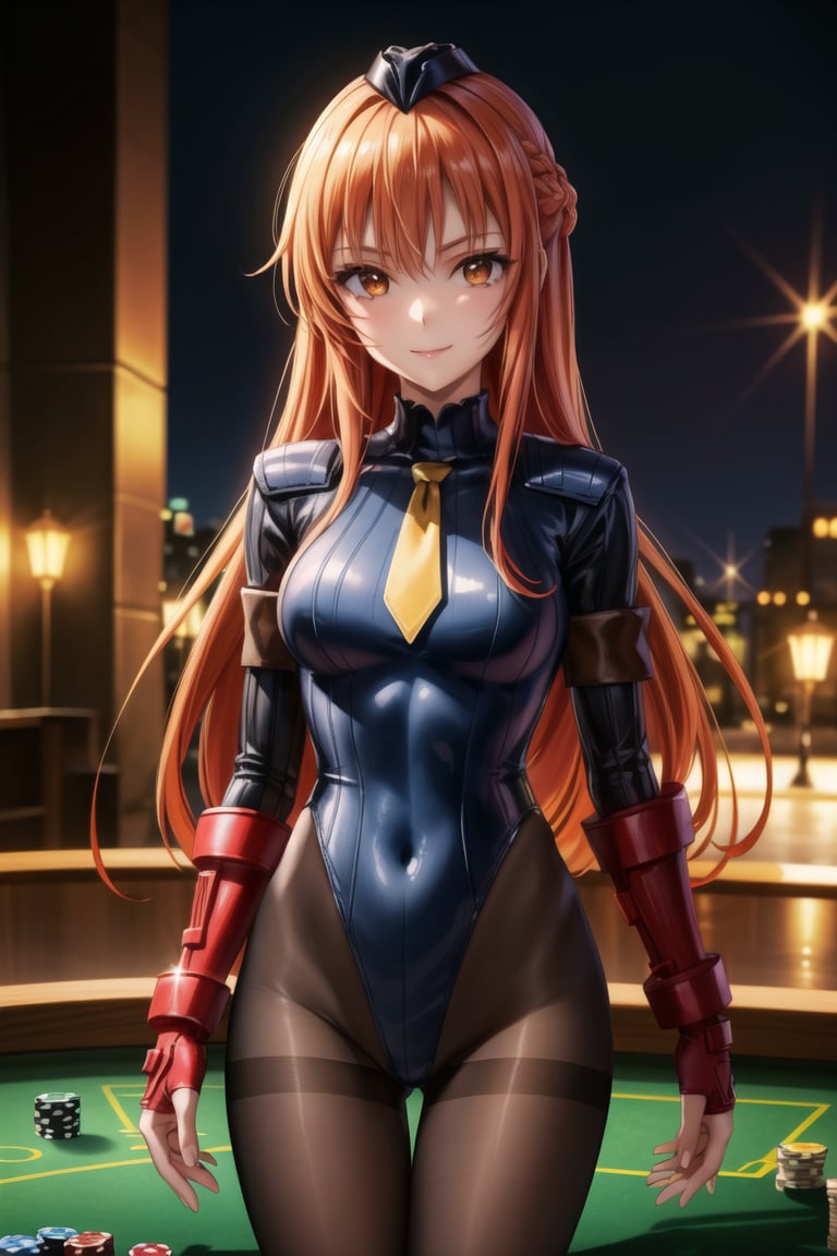 anime, hdr, soft light, ((best quality)), ((masterpiece)), (detailed), 1girl, solo, orange hair, red hair, asuna yuuki, long hair, brown hair, brown eyes, smile, closed mouth, casino,  ((black leotard)),yellow necktie, pantyhose, shoulder pads, (shadaloo doll),  playing cards, (long_sleeves)