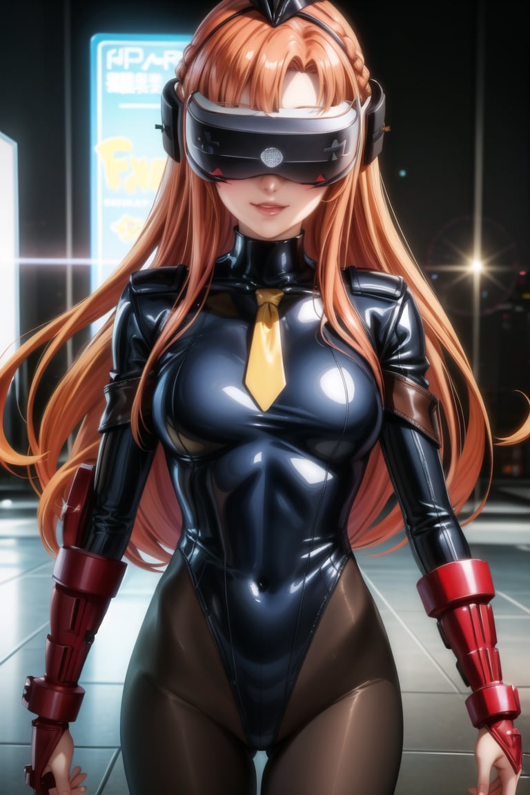 anime, hdr, soft light, ((best quality)), ((masterpiece)), (detailed), 1girl, solo, orange hair, red hair, asuna yuuki, long hair, brown hair, head-mounted display, (evil smile,lips),science fiction, cyberpunk, (vr:1.3), casino, Standing,pov_eye_contact,((black leotard)), yellow necktie, pantyhose, shoulder pads, (shadaloo doll), (long_sleeves),