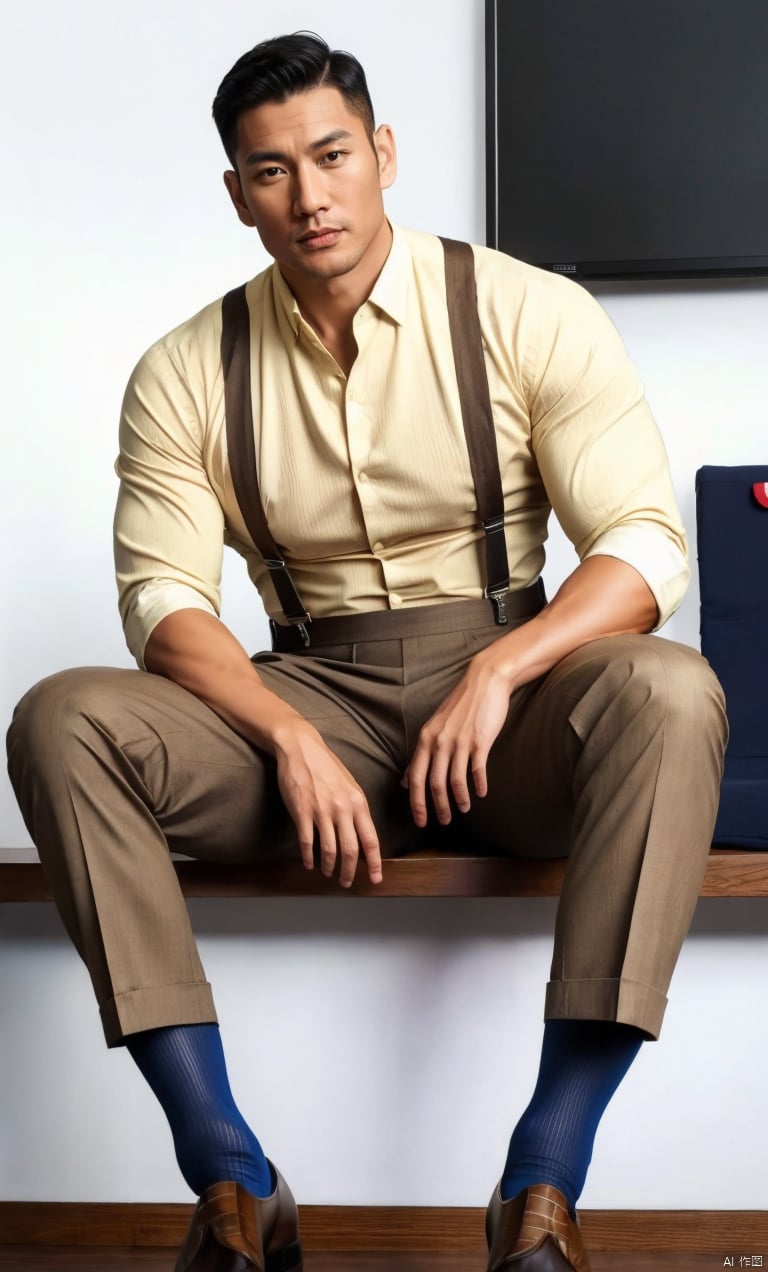  1man,Asian,solo,male focus,exquisite facial features,handsome,charming,muscular,superman shirt,Suspenders,pants,(kneehigh sheer socks),yellow socks,footwear,sitting,office,masterpiece,realistic,best quality,highly detailed, jzns, jznssw,brxu, hzbz