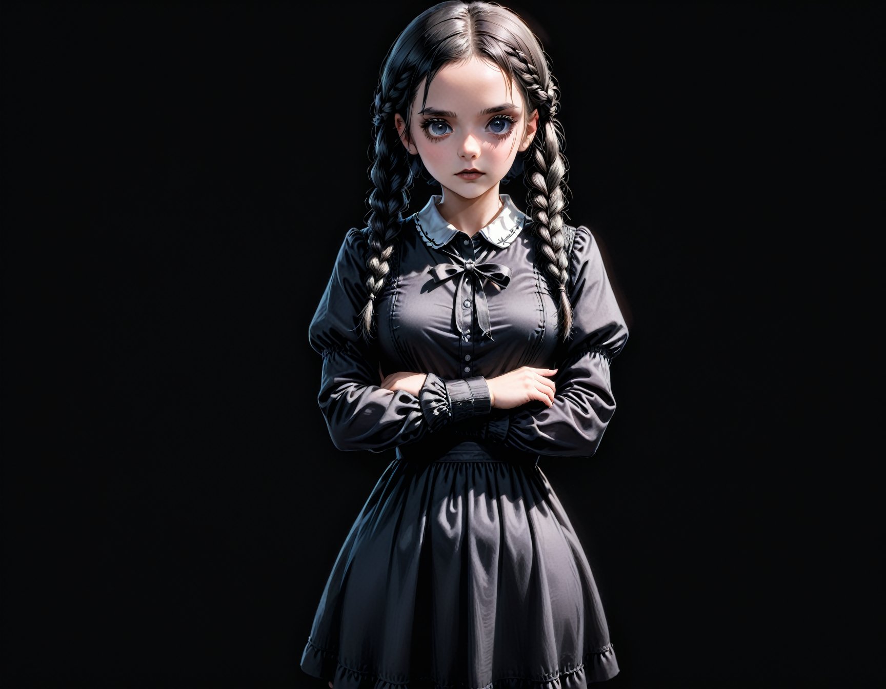 1girl, solo, black lips, black hair, dress, black dress, black nails, black eyes, crossed arms, black background, braid, black theme, looking at viewer, simple background, long sleeves, twin braids, bangs, long hair, dark-skinned female, collared dress, cowboy shot, dark skin, nail polish, Wednesday addams \(character \), character \(theme\),(anime)