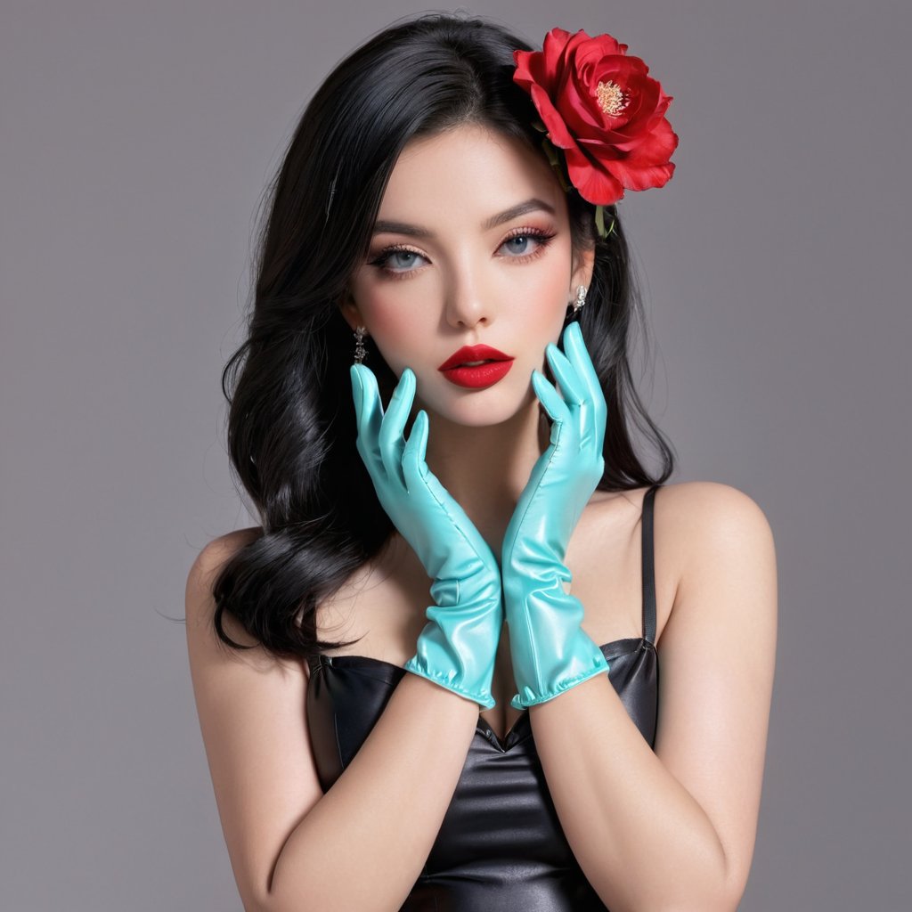 1girl, solo, black hair, gloves, flower, elbow gloves, makeup, lipstick, realistic