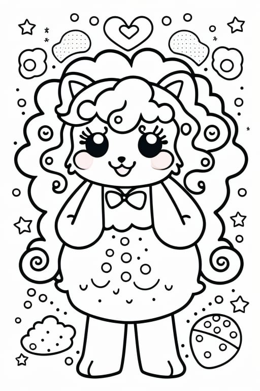 gray fluffy cartoon super lovely girl, full body,Curly hair, fine fluffy plush texture, chibi, kawaii,front view, standing in the center of the frame, Coloring page. Coloring book.  Bold line Art.
