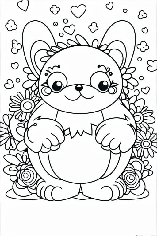 Coloring page. Coloring book.  Bold line Art. Furry and soft monster.,Whit flowers in the head. Tender and smiling. Coloring Page,Bold line art,Coloring Book,cartoon