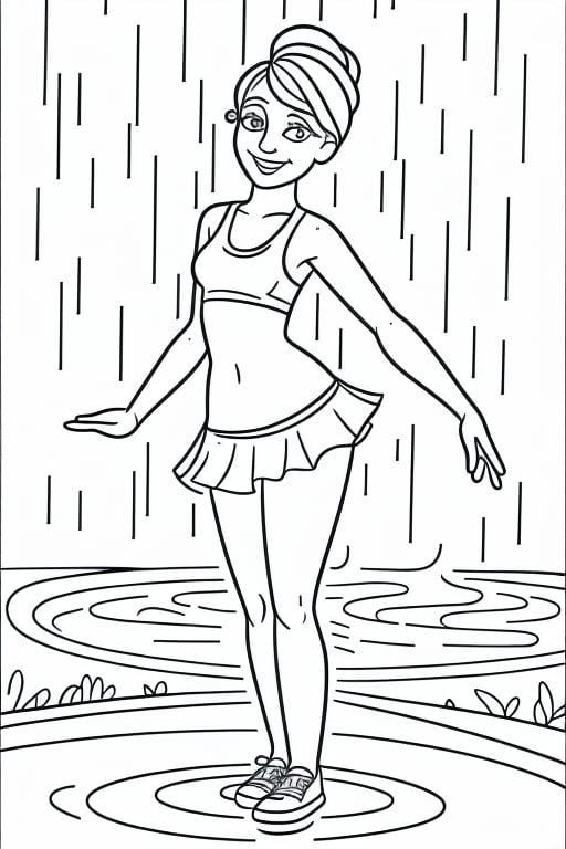 Coloring page. Coloring book.  Bold line Art.  Pretty Dancer in the rain.,Coloring Page,Bold line art,Coloring Book,cartoon