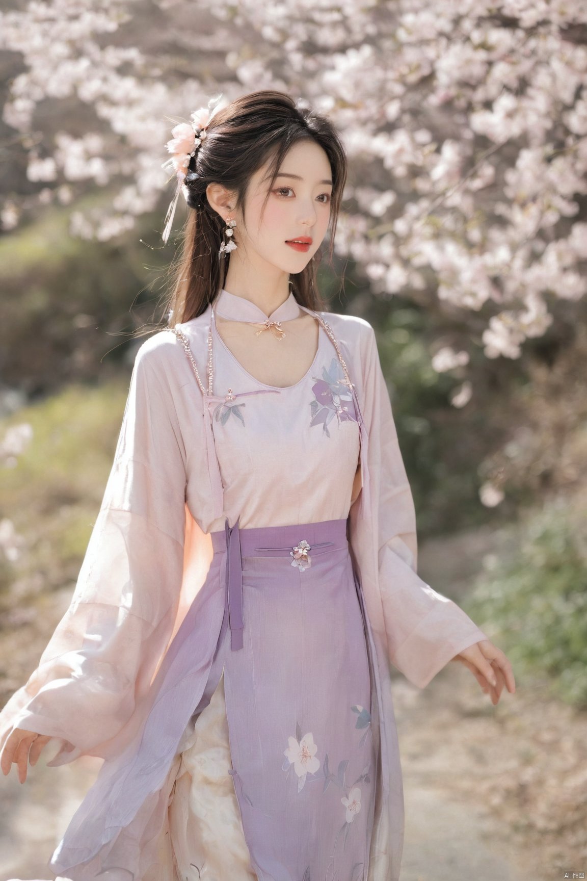  A girl,skirt,jewelry,long_hair,necklace,earrings,perfect body,standing,large breasts,looking at viewer,chinese clothes,china dress,hanfu,cherry_blossoms,in spring,sunny,sunny,wind,cloud,bright,
, ming_hanfu, daxiushan, New Chinese_Hanfu