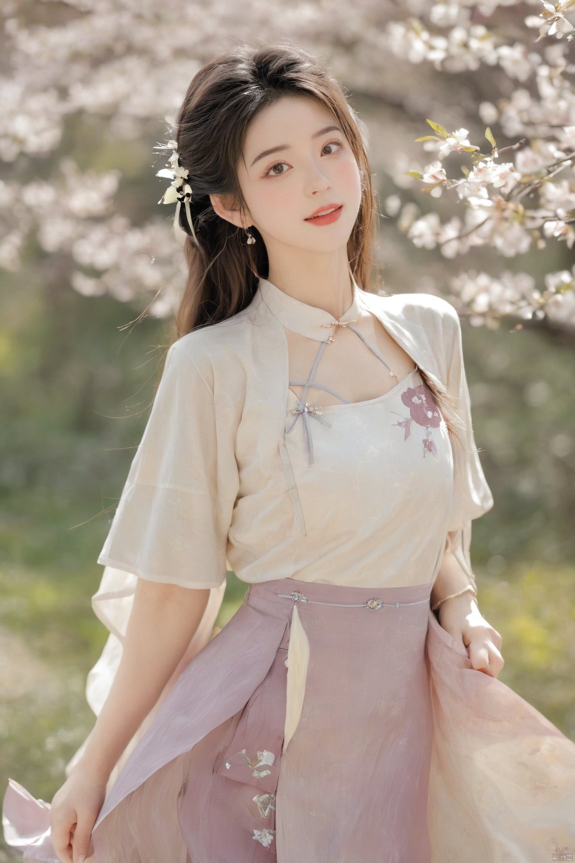  A girl,skirt,jewelry,long_hair,necklace,earrings,perfect body,standing,large breasts,looking at viewer,chinese clothes,china dress,hanfu,cherry_blossoms,in spring,sunny,sunny,wind,cloud,bright,
, ming_hanfu, daxiushan, New Chinese_Hanfu