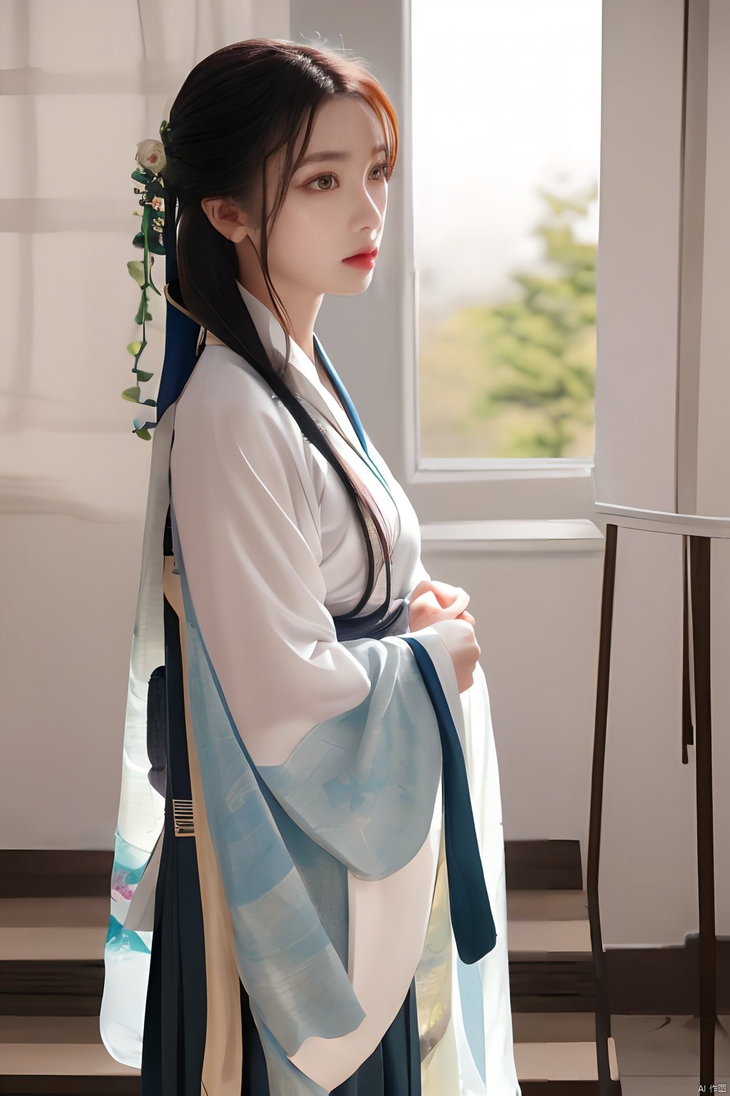  Best quality, masterpiece, ultra high res, (photorealistic:1.2), a girl,Depth of field,1girl,solo,Hashimoto_Kanna,school uniform, hanfu, calligraphic, song_hanfu