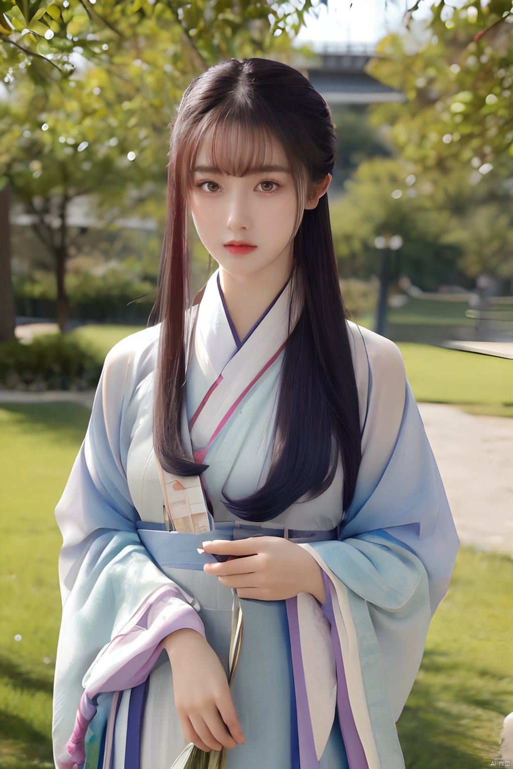  Best quality, masterpiece, ultra high res, (photorealistic:1.2), a girl,Depth of field,1girl,solo,Hashimoto_Kanna,school uniform, hanfu, calligraphic, song_hanfu