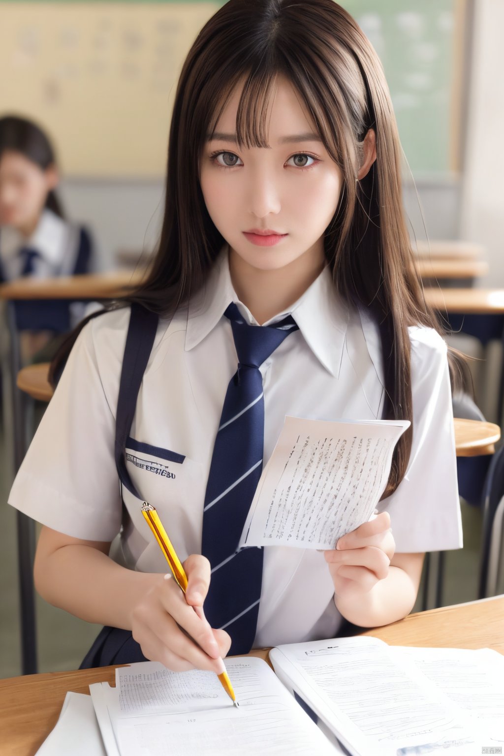  Best quality, masterpiece, ultra high res, (photorealistic:1.2),Depth of field,1girl,solo,Hashimoto_Kanna,school uniform, calligraphic,