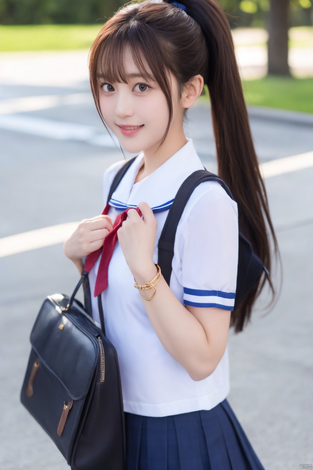  jk2, 1girl, solo, school uniform, skirt, bag, ponytail, long hair, serafuku, smile, ribbon, outdoors, short sleeves, pleated skirt, bracelet, hair ribbon, sailor collar, shirt, day, black hair, pink ribbon, school bag, sky, blue sky, jewelry, standing, black skirt, white shirt, brown hair, jk, Nakagawa_Kokoro, Hashimoto_Kanna