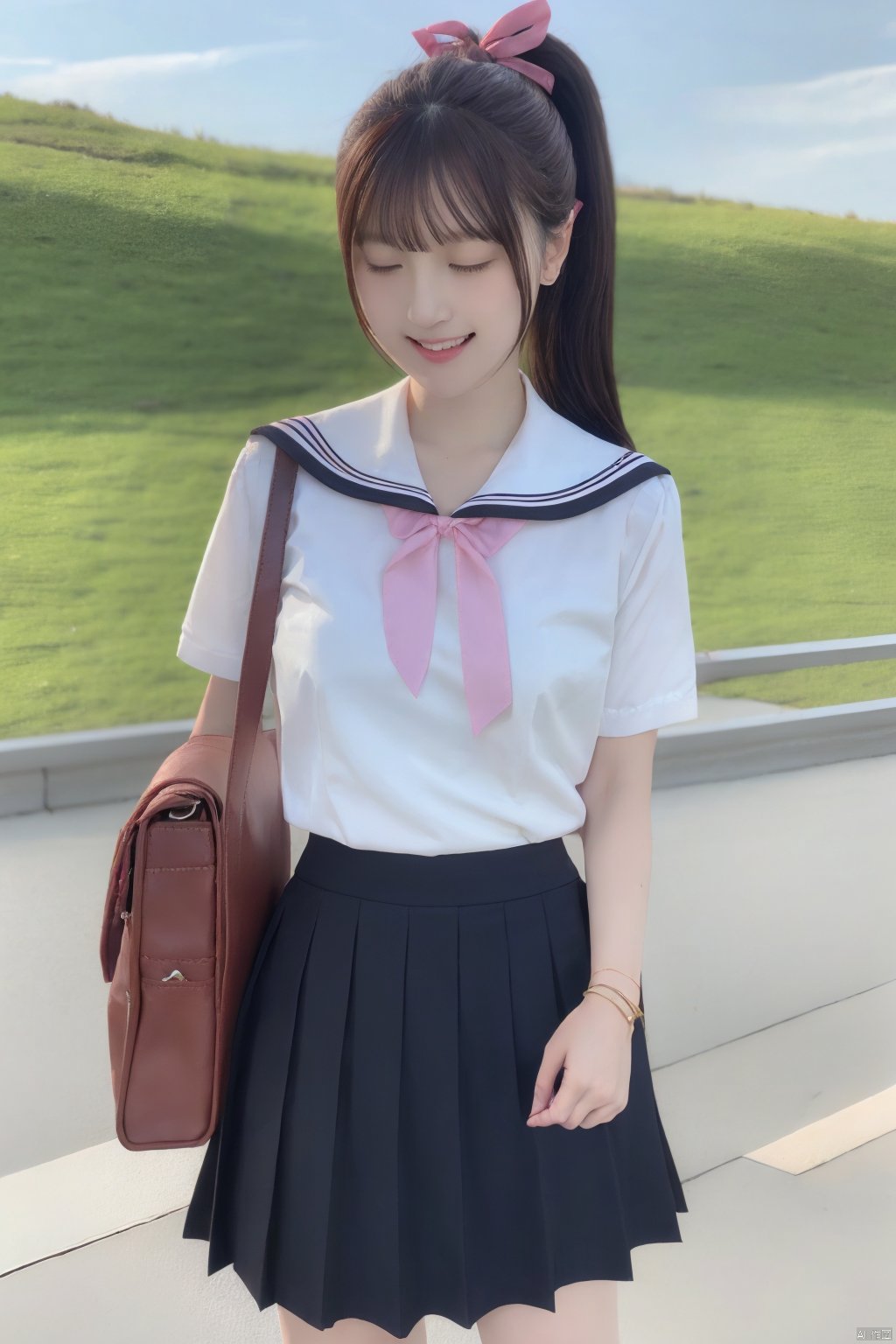  jk2, 1girl, solo, school uniform, skirt, bag, closed eyes, ponytail, long hair, serafuku, smile, ribbon, outdoors, short sleeves, pleated skirt, bracelet, hair ribbon, sailor collar, shirt, day, black hair, pink ribbon, school bag, sky, blue sky, jewelry, standing, black skirt, white shirt, brown hair, jk, Nakagawa_Kokoro, Hashimoto_Kanna