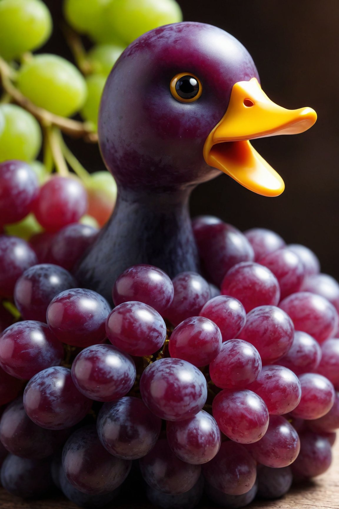 detailed realistic close up of a grape shaped like a duck, sitting, natural light





