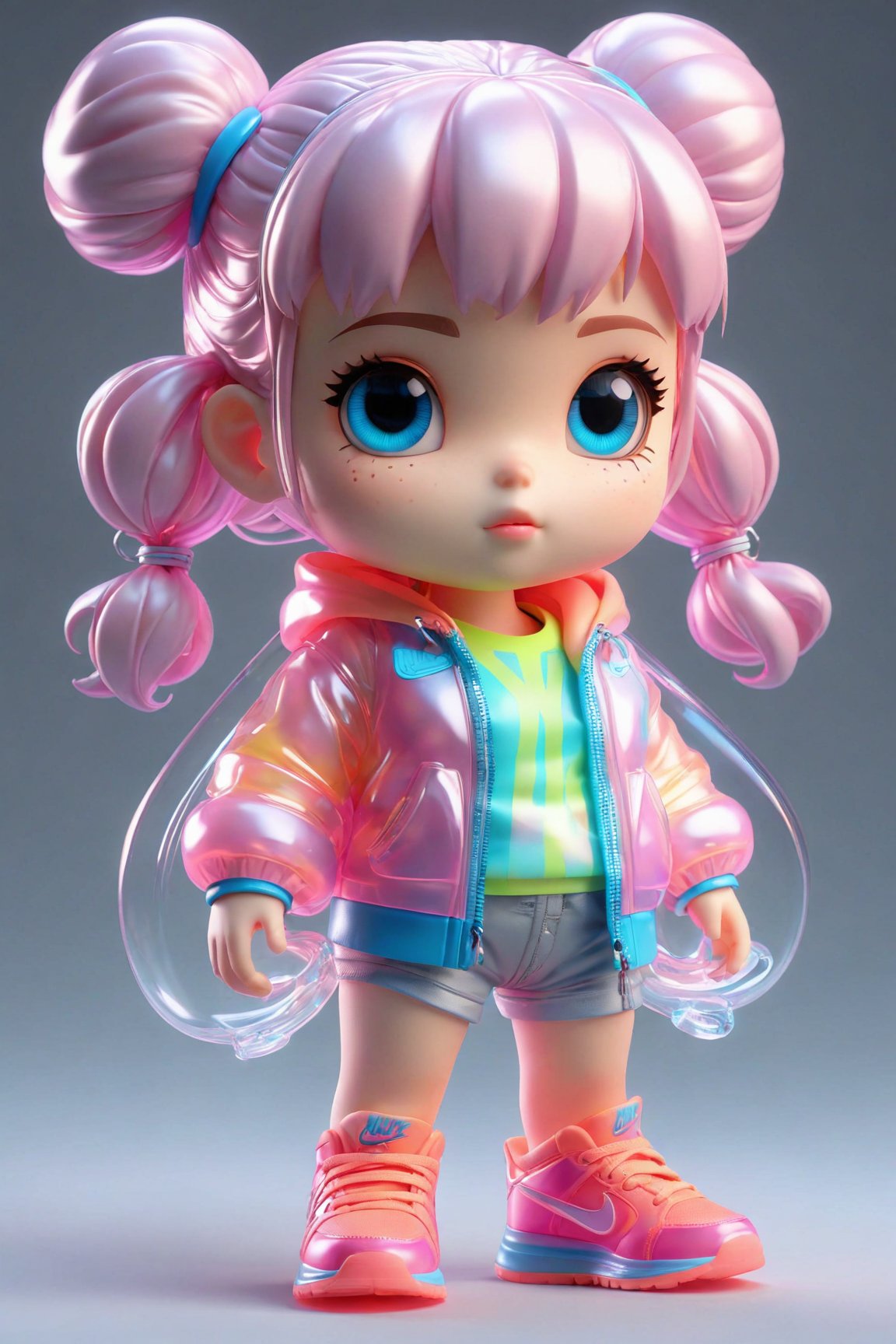 cute little girl wrapped in transparent plastic, chibi, fluorescent translucent sports fashion trend clothing, wearing big glowing Nike shoes, candy color, simple and bright background, 3D toys, cyberpunk style, C4D, octane render, 3d model, collectible toys, Nendoroid, streetstyle, Pixar, big shoes, fashion trends, close-up, full body,
