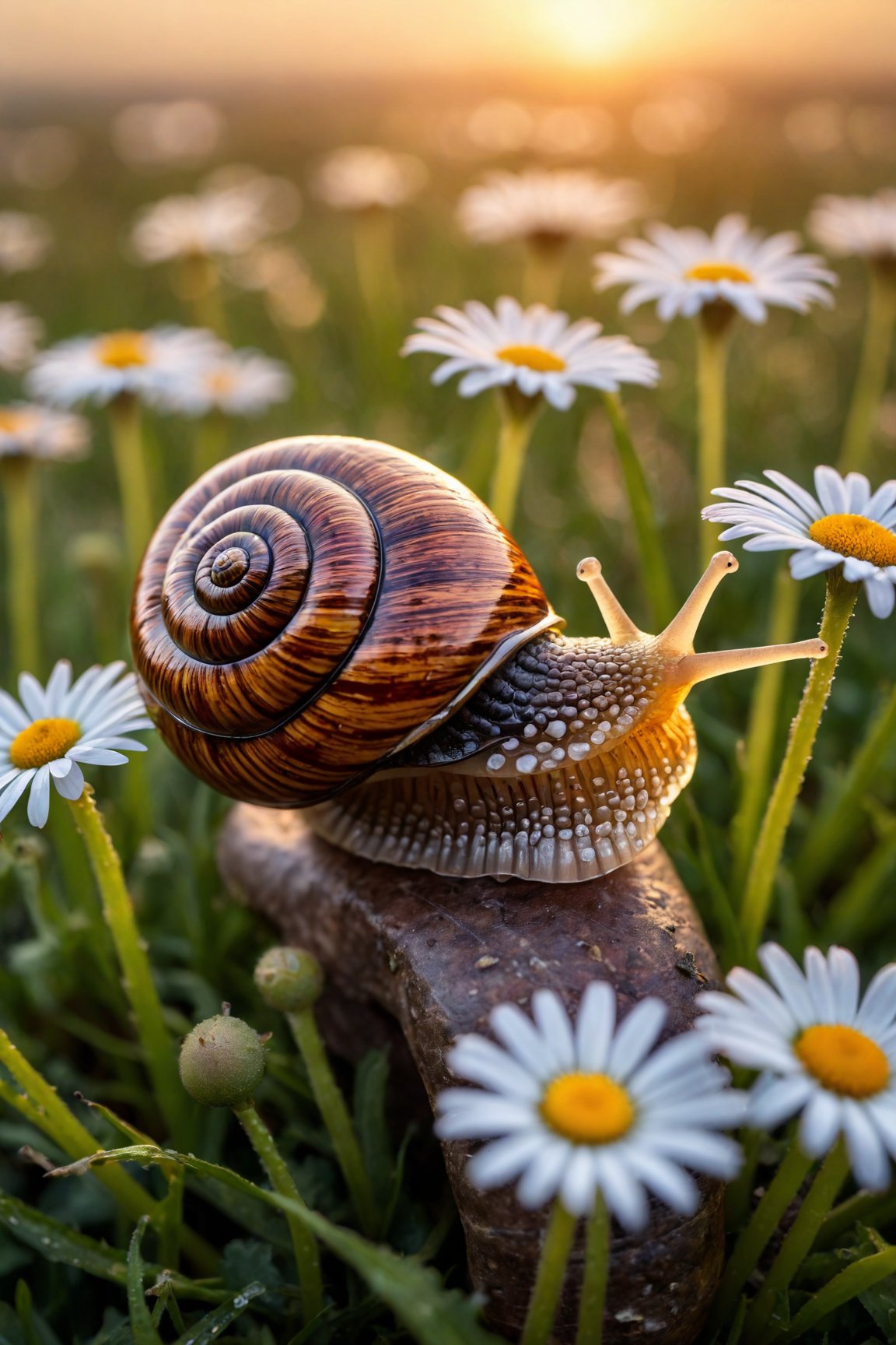 (((photographic, photo, photogenic))), extremely high quality high detail RAW color photo, macro photography excellence, inspired by Ansel Adams' mastery of light and shadow, Vivian Maier's intimate perspective, Steve McCurry's vibrant color use, detailed texture of snail's head, ultra-close-up, precise focus, depth of field effect, blurred meadow background, daisies in soft focus, warm sunshine ambiance, ultra-high resolution, 32k image, richly detailed natural environment, nuanced lighting, Thomas Heaton's landscape photography influence, capturing the essence of tranquility, Nick Brandt's wildlife photography, emotional depth, Yousuf Karsh's dramatic lighting techniques, enhancing visual impact, dew drops on snail, intricate patterns on snail's skin, soft bokeh effect, golden hour lighting
