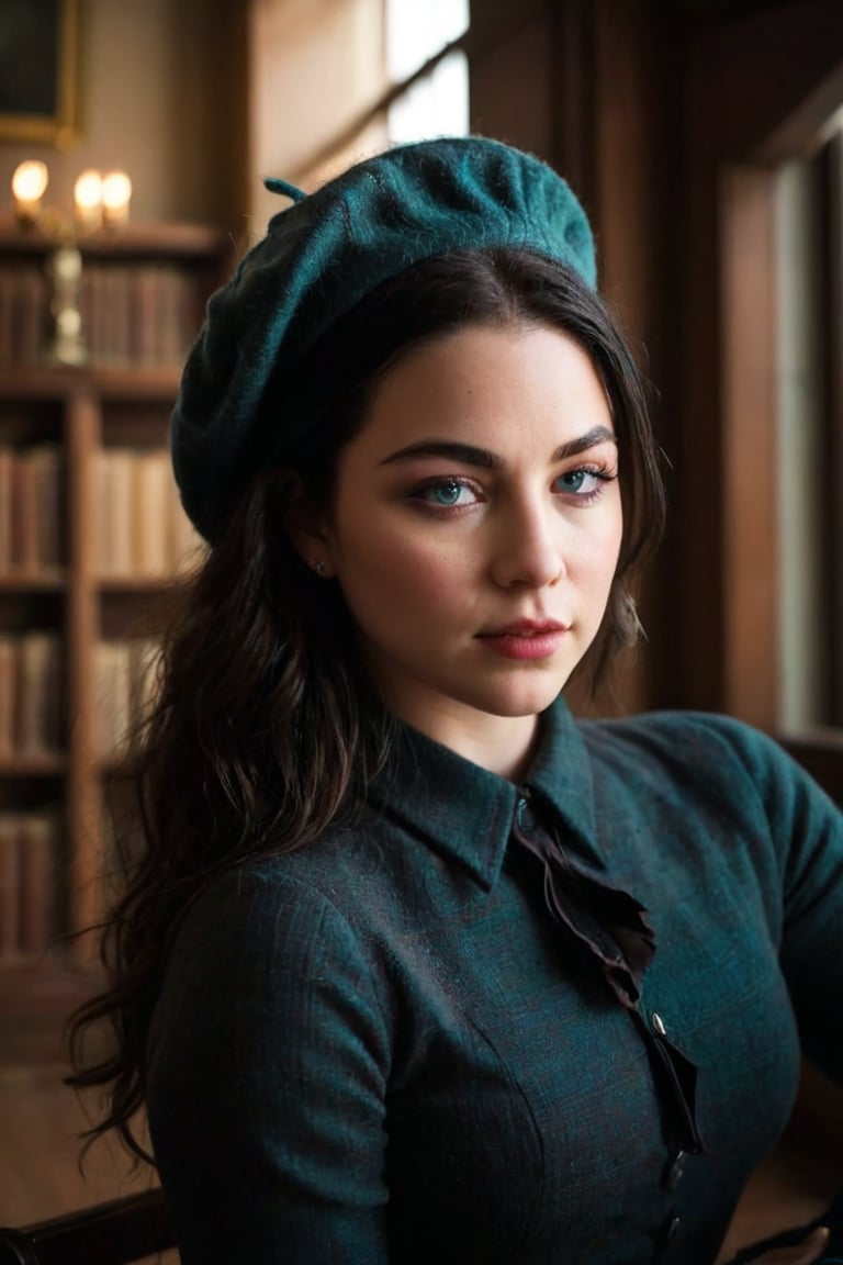 HQ photography, closeup portrait, sharp focus, bokeh background, high contrast, In a serene, cinematic setting, a lovely, young woman, reminiscent of Angeline, sits in an antique university library, looking at the book, Degas-like attention to detail captures every curl and curve of her body. In the background, an antique library full of books and ladders is bathed by the afternoon sun rays, creating a sense of depth and atmosphere. The overall effect is stunning, with cinematic flair, masterpiece, shines brightly on ArtStation, trending for all to admire.,dark academia outfit, brown teal color palette, Rembrandt Lighting Style,darkacademia,photorealistic,tweed blazer, collar shirt, beret,Kodak Motion Picture Film Style, cateye, cute face, young face, ,amlyleevan, Amy Lee, blue_eyes,