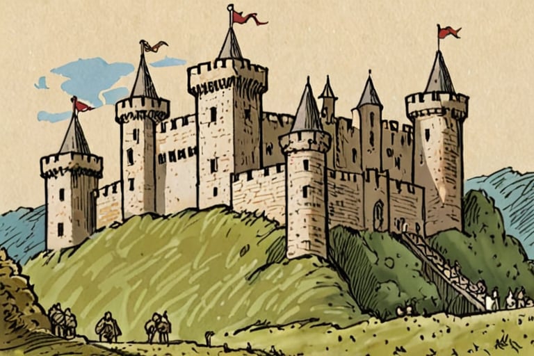 Illustration of a medieval castle by David Macaulay by Nonsensei on Tensor.Art