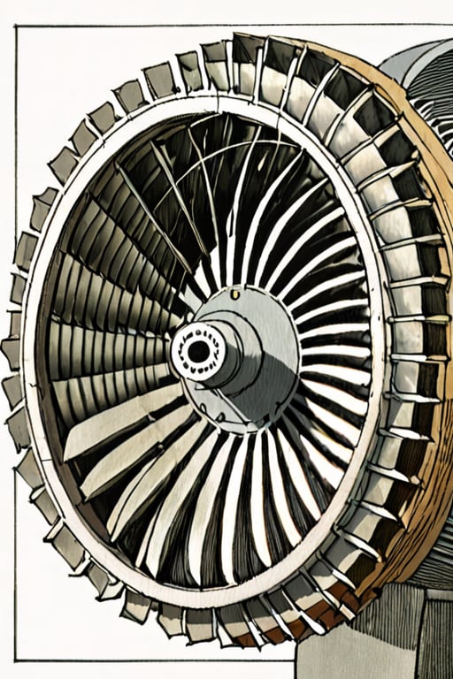 Illustration of a cross section of a jet engine turbine by David Macaulay by Nonsensei on Tensor.Art