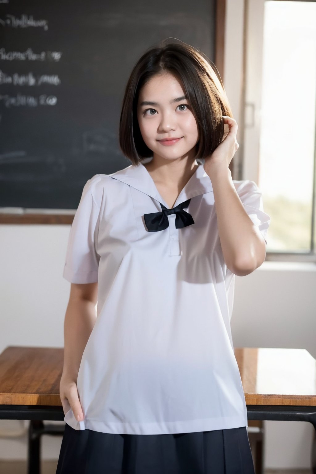 German girl, 24 years old, perfect body shape, thai school uniform, white shirt, black skirt, short hair, look at viewer, sunset, classroom with chalkboard, smile,half shot